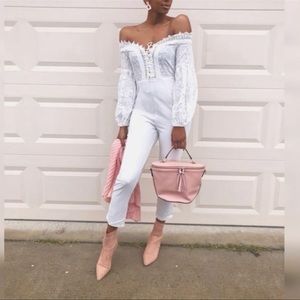 Small off shoulder lace white jumpsuit